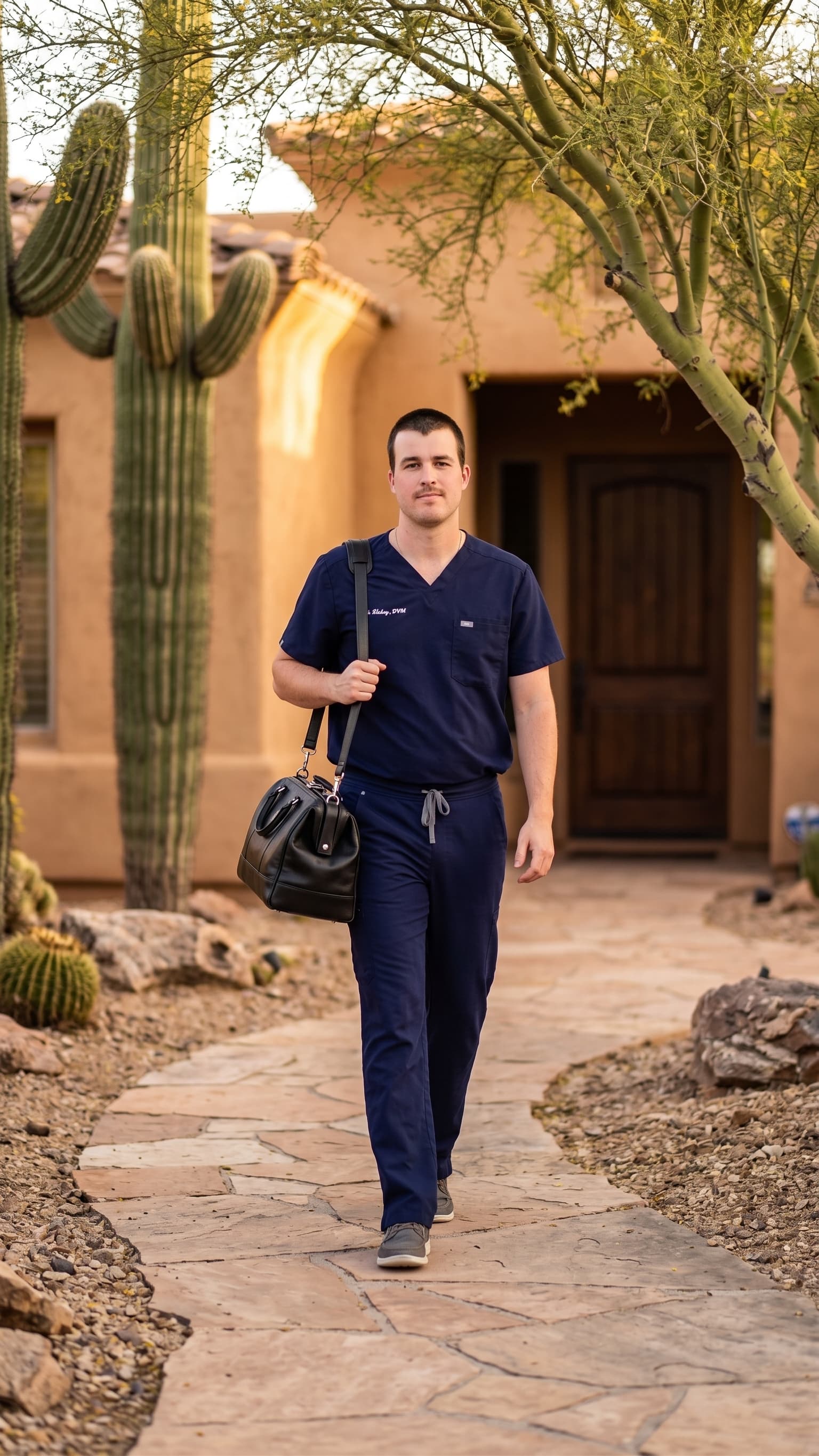 Dr. Kyle Hickey arriving at a client's home with his veterinary bag