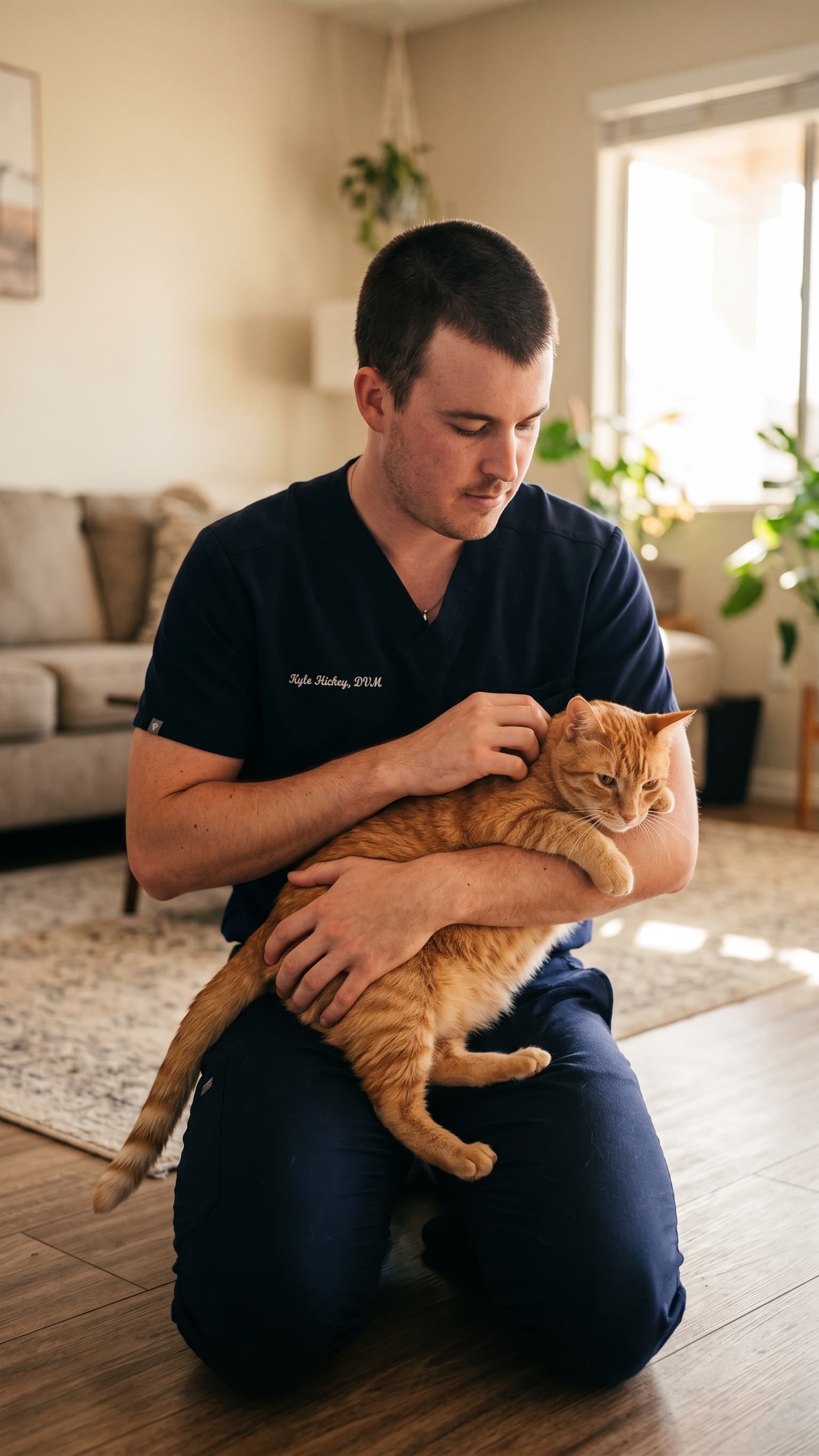 Dr. Kyle Hickey gently holding an orange tabby cat during an in-home visit