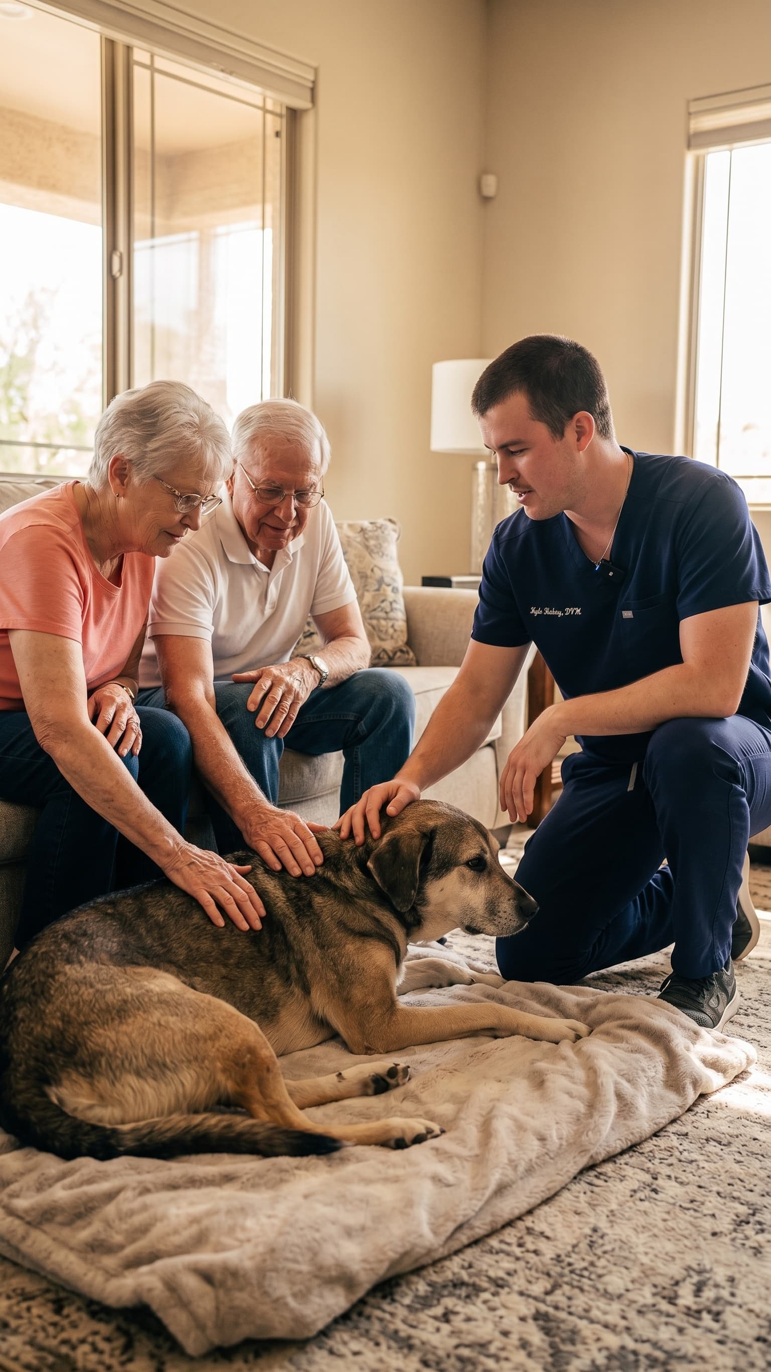 Dr. Kyle Hickey with a family and their dog during an in-home visit