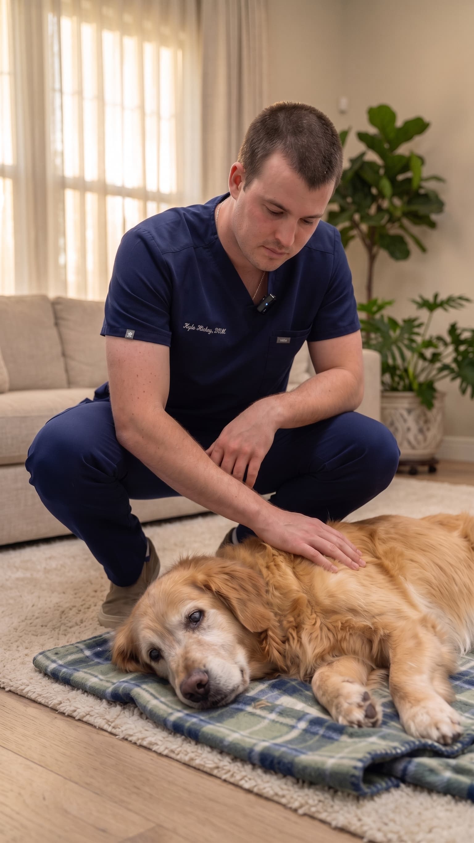 Dr. Kyle Hickey, DVM kneeling beside a Golden Retriever in a client's home